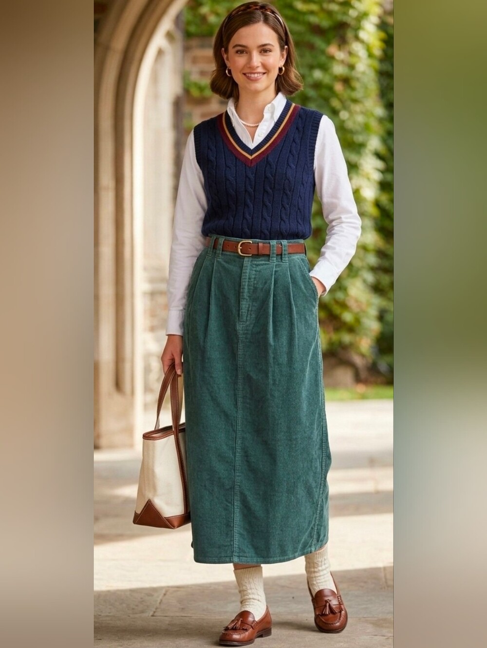 Vintage Eddie Bauer Dark Green Corduroy Pencil Skirt Preppy Academia Granola 12